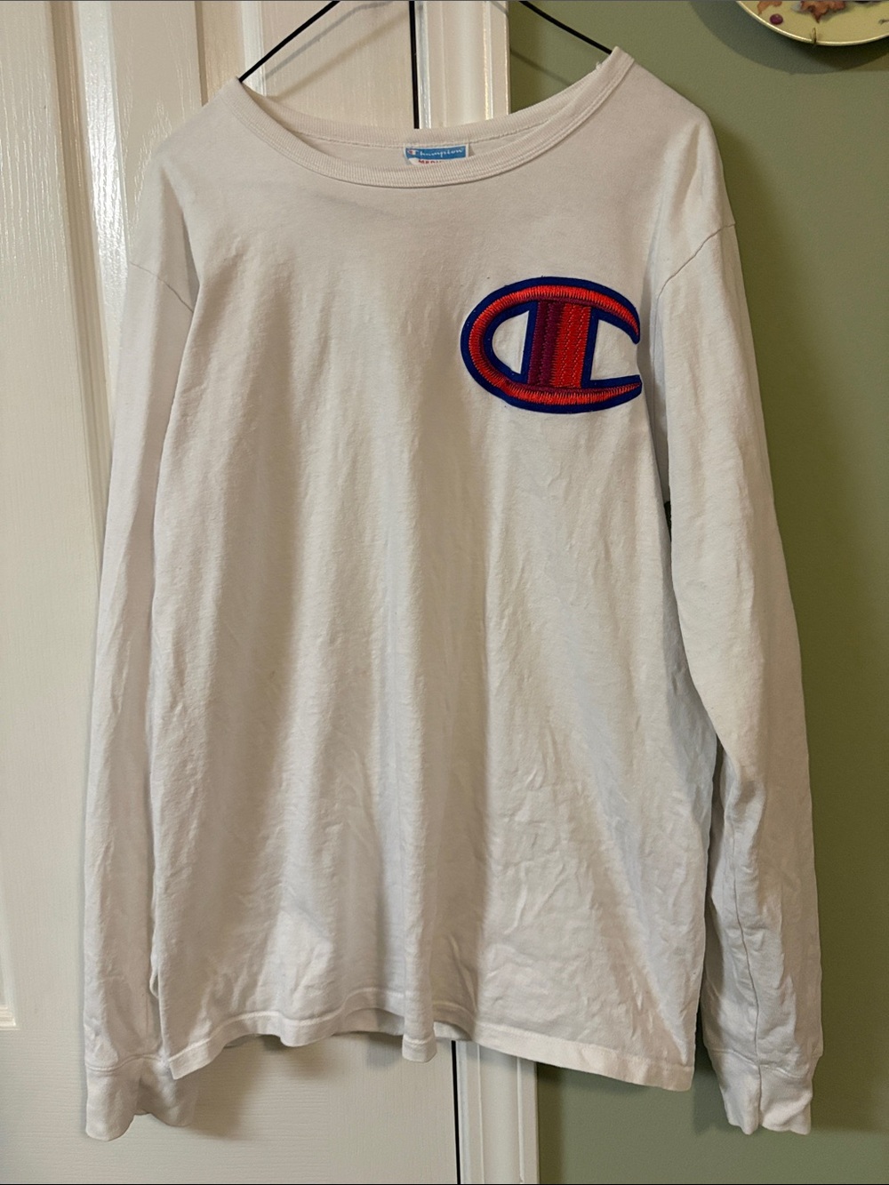 Champion White Long Sleeve Shirt with Red & Blue Logo